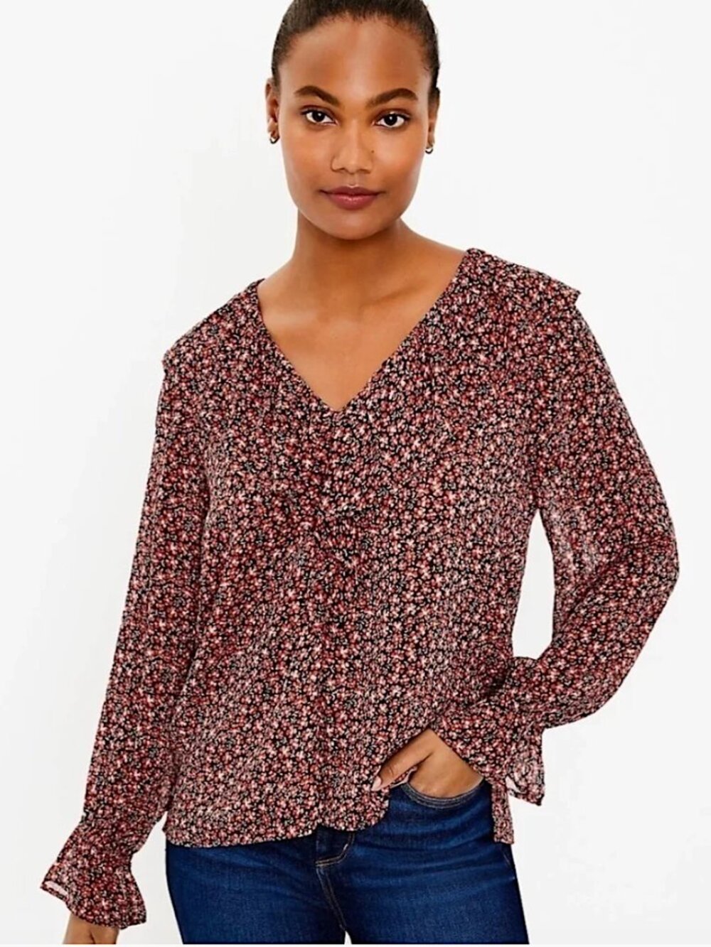 LOFT Ruffle V-Neck Floral Blouse Top in Deep Persimmon NEW